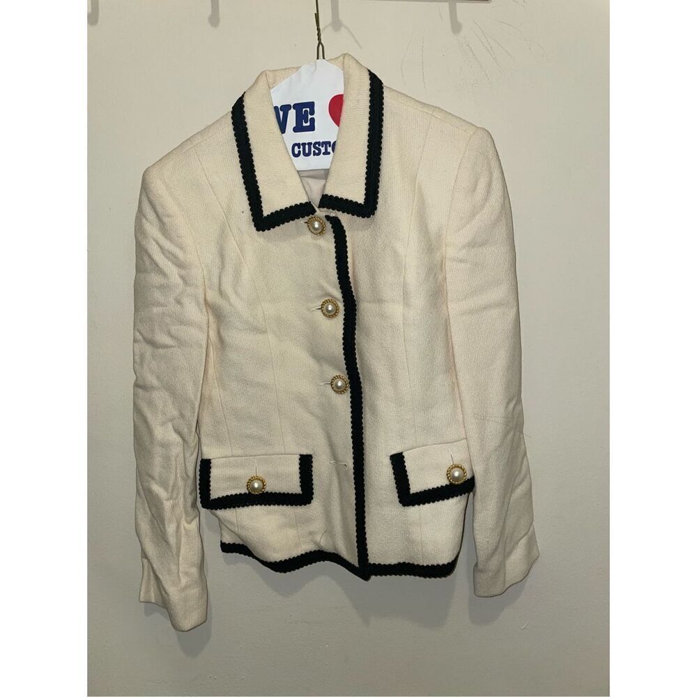 Vintage Barrie pace preppy off white cream wool tweed blazer black trim size 8